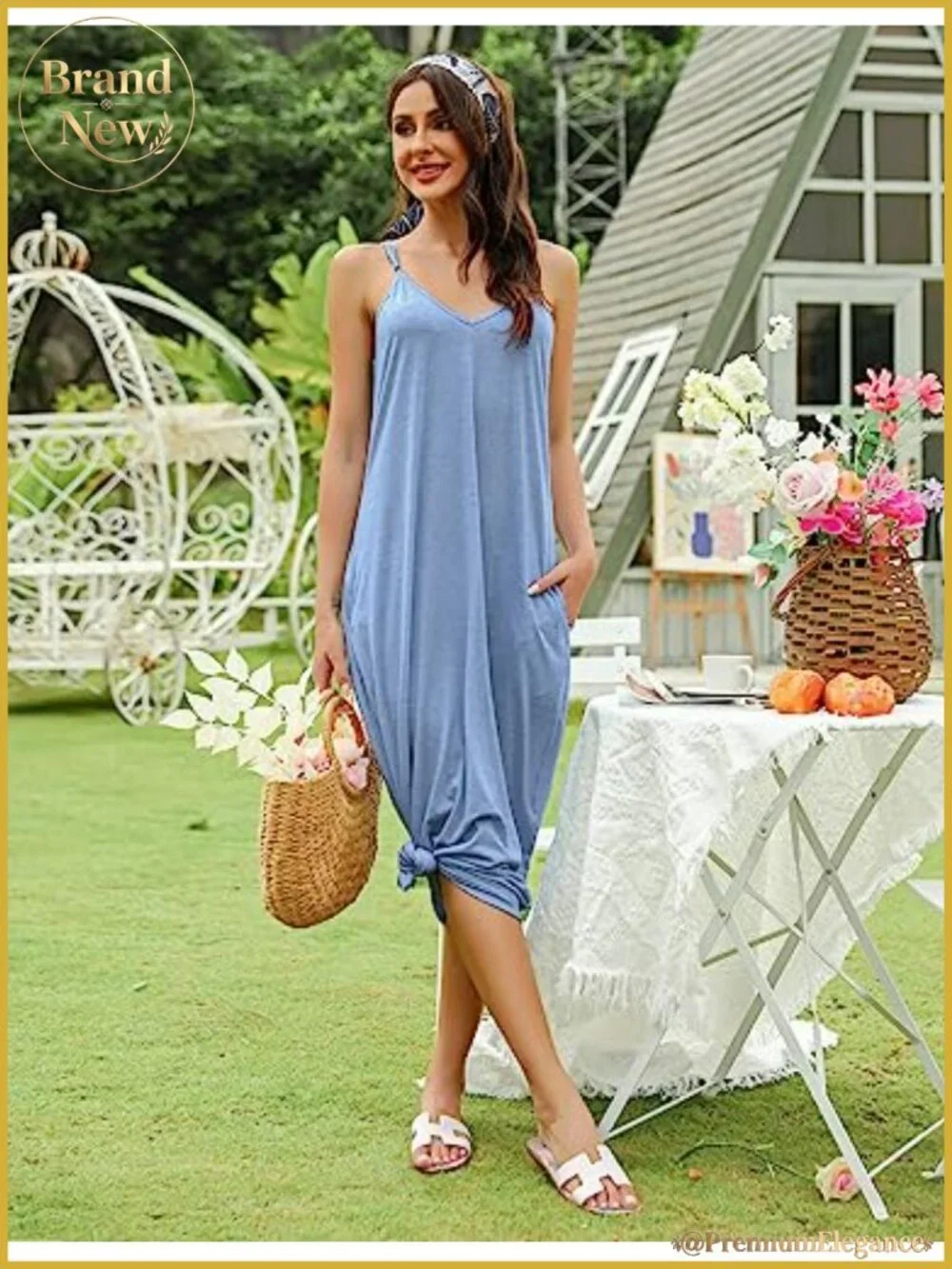 Women's Cotton Sleeveless Nightgown Long Sleep Dress with Pockets
